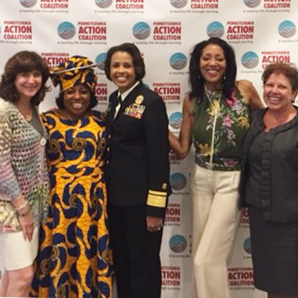 CNHP Dean Laura N. Gitlin, PhD, FAAN, conference co-chair and CNHP faculty Rita K. Adeniran, DrNP, RN, CMAC, NEA-BC, FAAN, Deputy Surgeon General Rear Admiral Sylvia Trent-Adams, PhD, RN, FAAN, conference co-chair Veronica Carey, PhD, CPRP and Laura Valenti, executive director for College engagement, marketing and communications